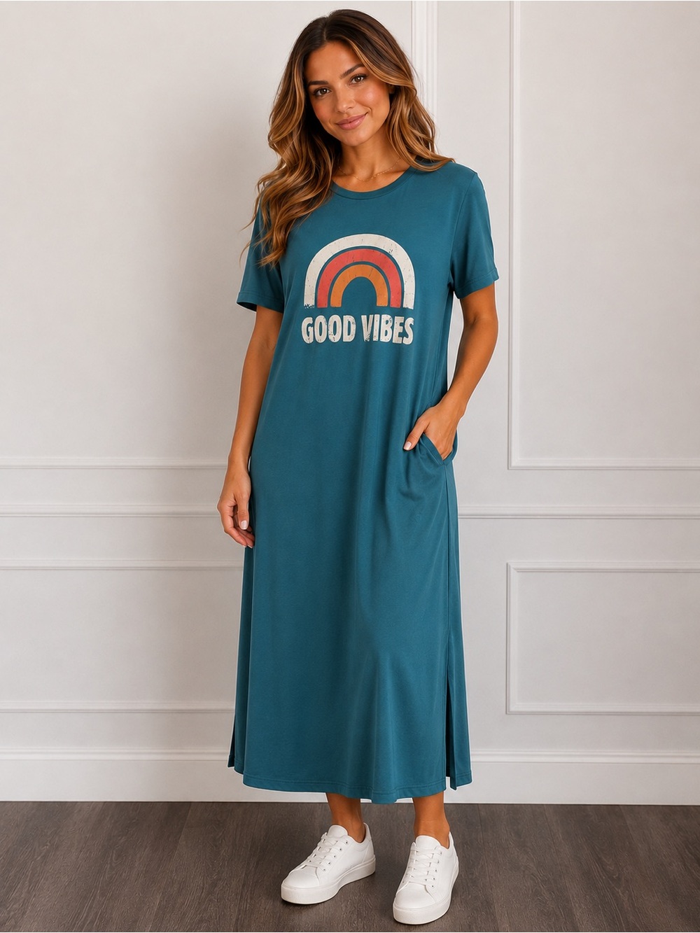 Amazon Teal Maxi Dress with Retro Rainbow Graphic